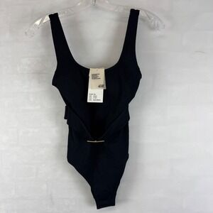 H&M Ribbed Belted One-Piece Swimsuit Black Padded XXS NWT